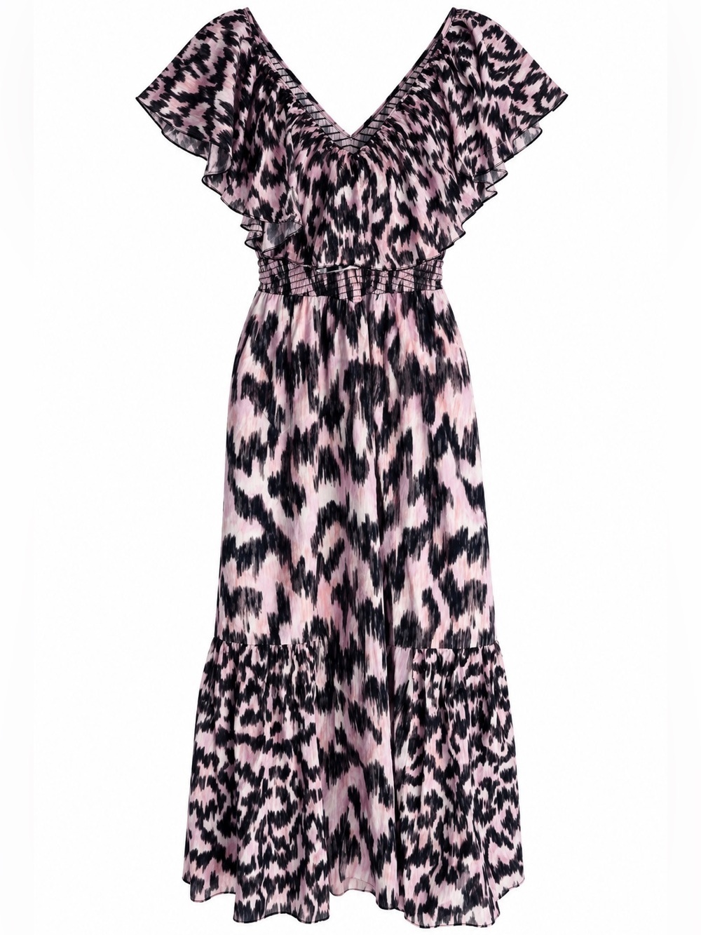 Maria Cher Dabir Maxi Dress Pink Black Print XS Ruffle Maxi Boho Dress